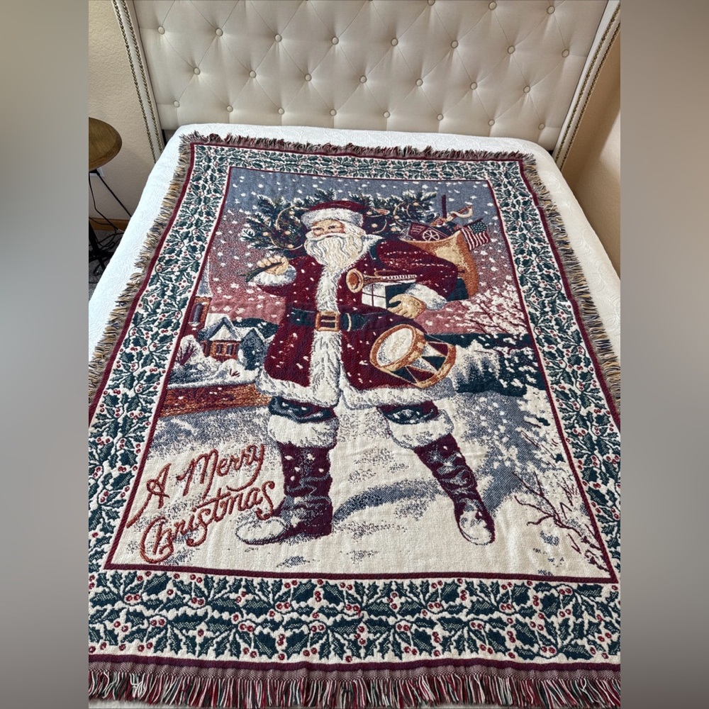 Vintage Coming Home Santa Clause Saint Nick Merry Christmas Tapestry Throw 44x62